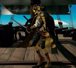 a pirate is holding a sword and standing on a wooden deck