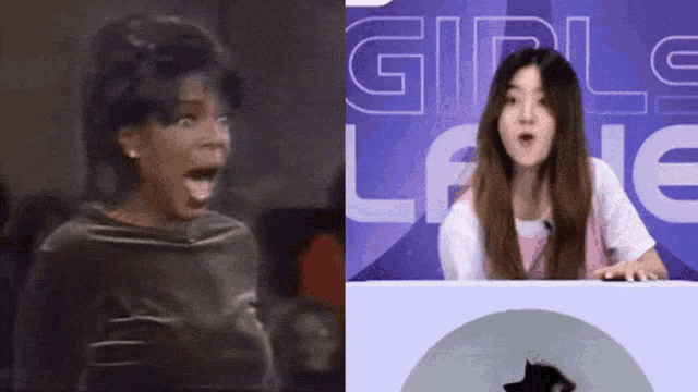 a woman with a surprised look on her face is next to a woman sitting at a desk with the words girls lane behind her