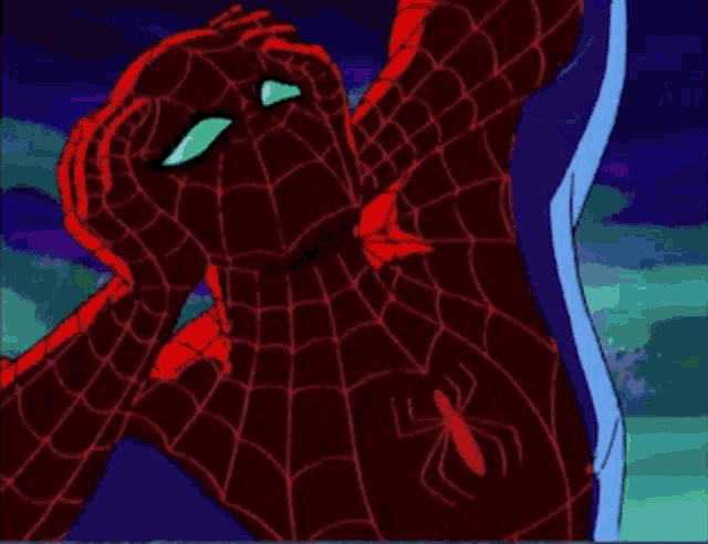 a cartoon of spider-man with a spider on his chest covering his face