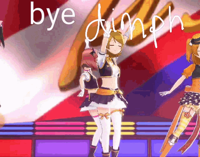 a group of anime girls are dancing in front of a sign that says bye