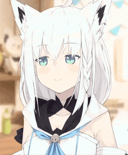 a girl with white hair and green eyes is wearing a white and black outfit