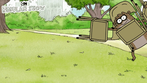 a cartoon of a raccoon carrying a chair with the words regular show on the bottom