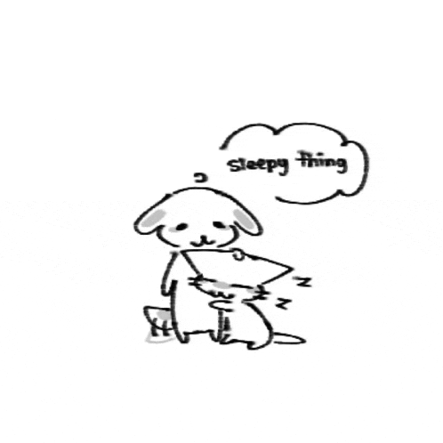 a black and white drawing of a dog and a cat with a sleepy thing thought bubble above them