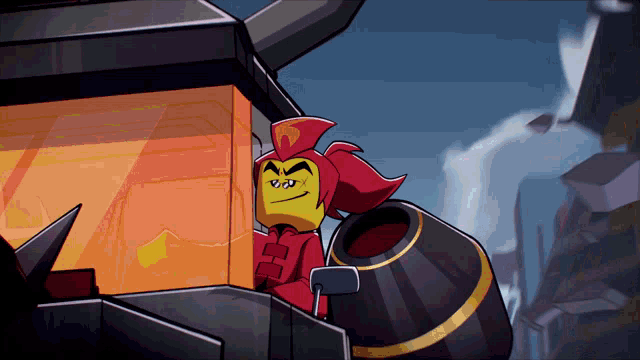 a cartoon character with a yellow face and red hair is sitting in a black vehicle
