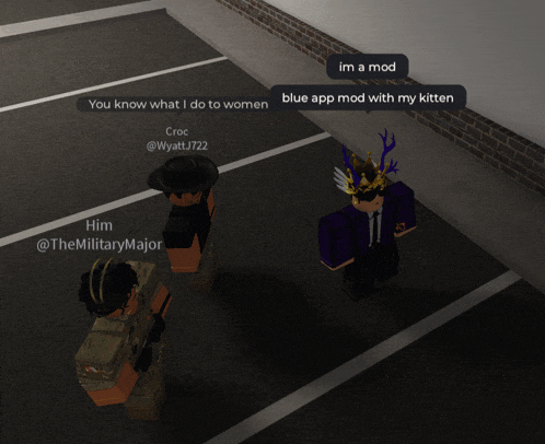 a group of roblox characters are standing in a parking lot talking to each other