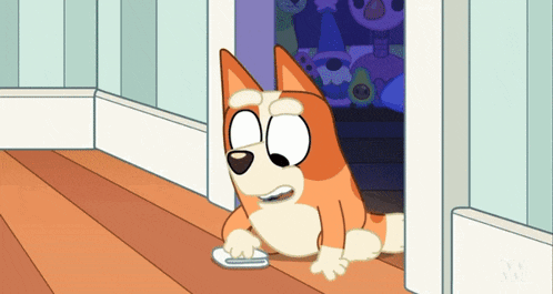 a cartoon dog is sitting on a wooden floor looking at something