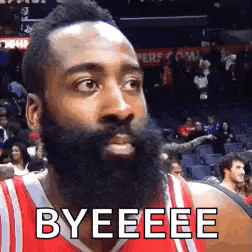 a basketball player with a beard is making a funny face and saying byeeee .