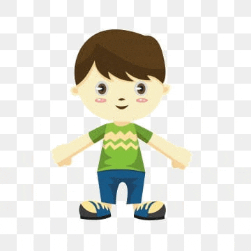 a cartoon boy is wearing a green shirt and blue shorts .