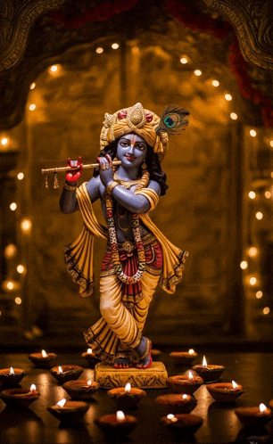 a statue of krishna playing a flute with candles in the background