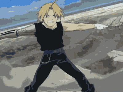 edward elric from fullmetal alchemist is standing in the dirt with his arms outstretched