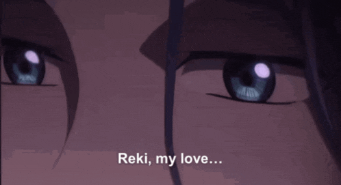 a close up of a person 's eyes with the words " reki my love " written below them
