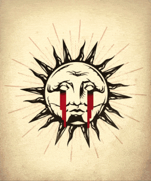 a drawing of a crying sun with blood dripping from its eyes