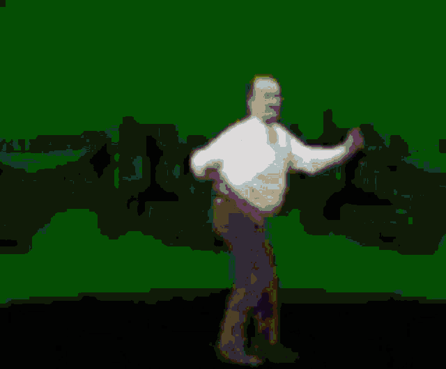 a pixelated image of a man holding a book in front of a wall that says ' a ' on it