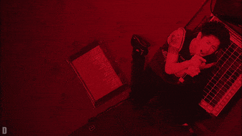 a man singing into a microphone in a red room with the letter d below him