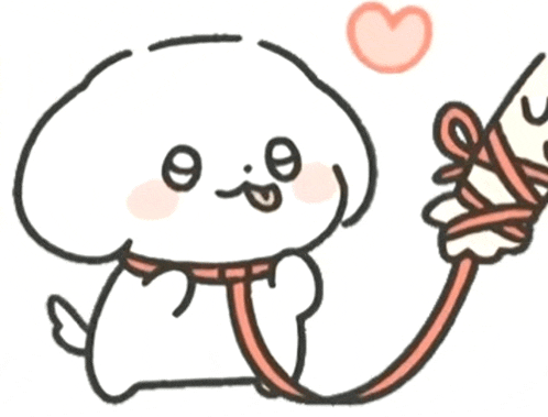 a cartoon drawing of a dog holding a rope with a heart in the background