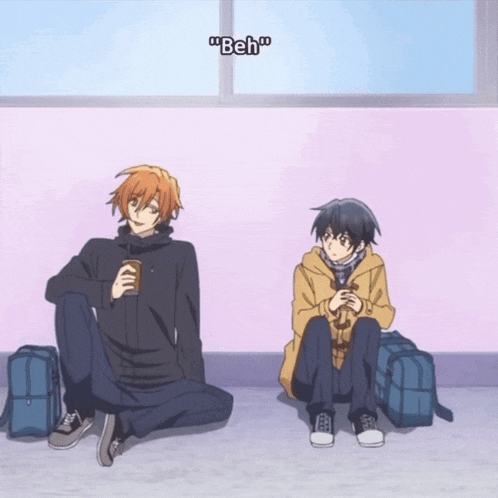 two anime characters are sitting on the floor and one of them says beh