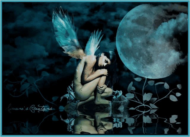 a painting of a naked woman with angel wings sitting in front of a full moon with a blue border