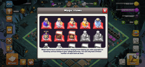a screenshot of clash of clans shows the magic items