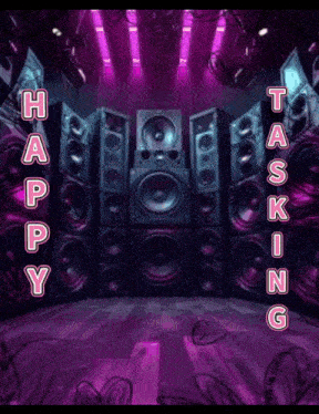 a bunch of speakers are stacked on top of each other in a room with the words hell happy tasking written on it .