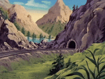 a cartoon of a train going through a tunnel in the mountains