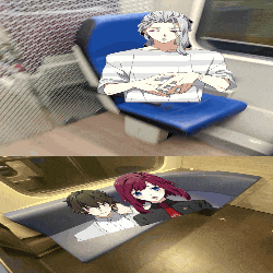 a man sitting on a blue seat next to a girl