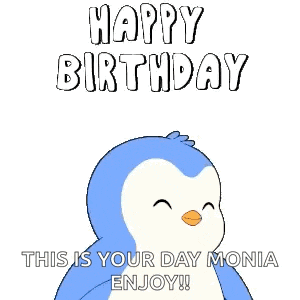 a penguin with balloons says happy birthday and this is your day monia enjoy !