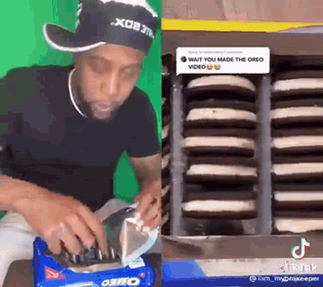 a man in a hat is opening a bag of oreos and a box of oreos .