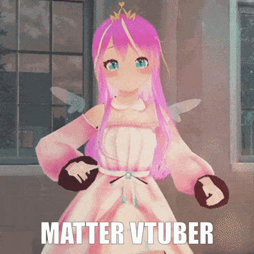 a girl with pink hair and a crown on her head is standing in front of a window with the words matter vtuber written below her