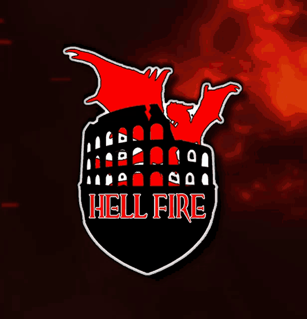 a logo for hell fire with a red dragon on top of a black shield