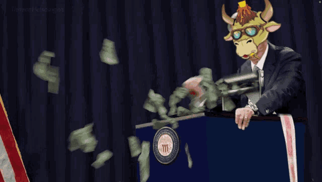 a man wearing a bull mask stands at a podium with money falling from it