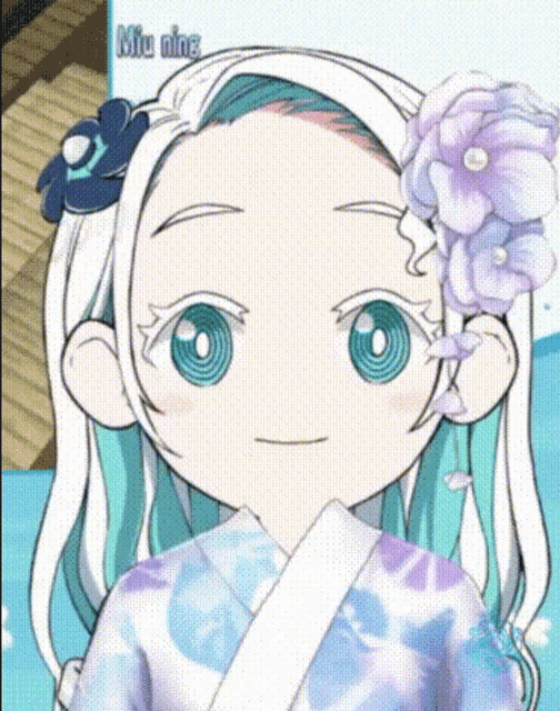 a cartoon girl with long white hair and blue eyes is wearing a kimono and a flower in her hair .
