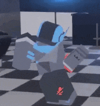 a cartoon character is standing on a checkered floor holding a microphone .