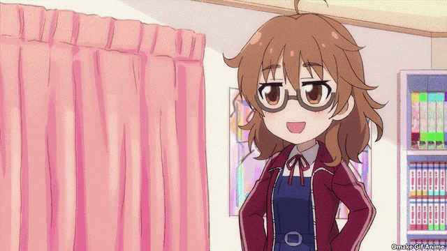 a girl wearing glasses stands in front of a pink curtain and a bookshelf