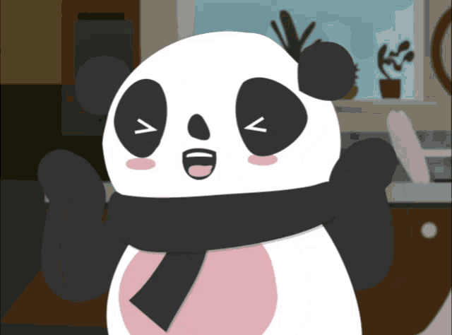 a cartoon panda bear wearing a black scarf and a pink heart on his chest