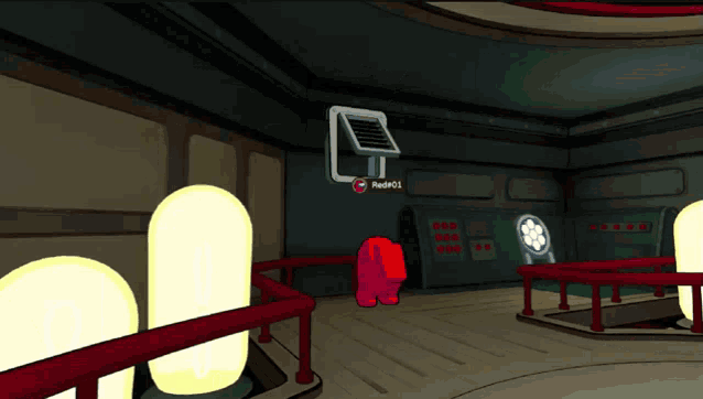 a red among us character is standing in a room next to a sign that says redpo1