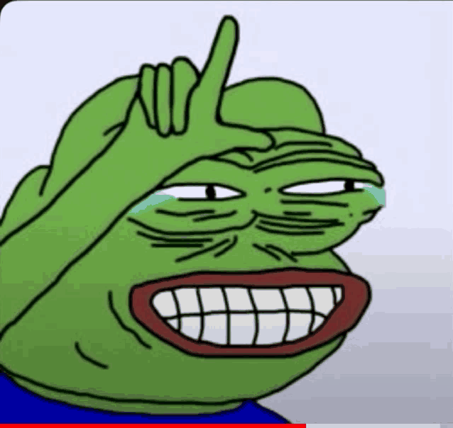 a cartoon of a green frog with a big smile on his face giving the middle finger