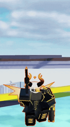 a robot with horns is holding a gun in front of a building