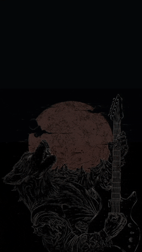 a drawing of a wolf holding a guitar with the word x on top