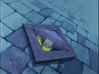 a cartoon character is sticking his head out of a hole in the ground .