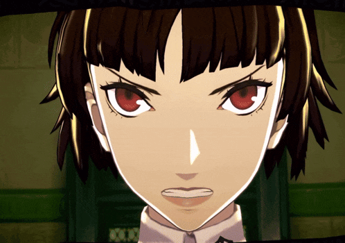 a close up of a girl 's face with red eyes and a white shirt