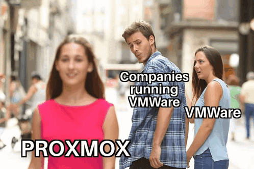 a man and a woman are walking down a street with the words companies running vmware and proxmox on the bottom