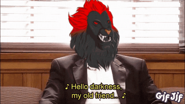 a gif of a man in a suit with a lion on his head saying hello darkness my old friend