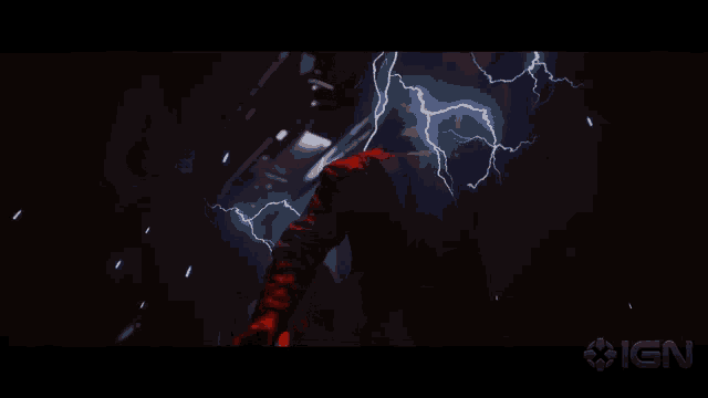 a man in a red jacket is being struck by lightning and the ign logo can be seen in the corner