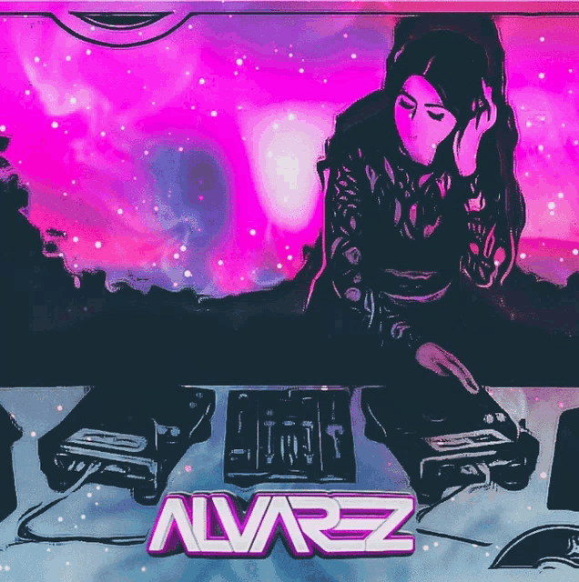 a drawing of a woman playing music with the name alvarez on it