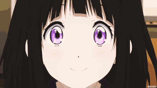 a close up of a girl 's face with purple eyes and the time of 9:47