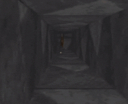 a pixelated horse is standing in a dark cave