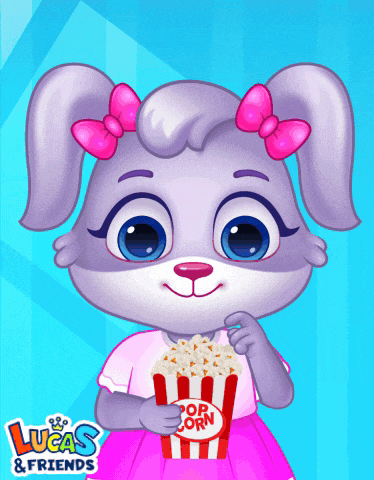 a cartoon of a girl holding a bucket of popcorn with lucas & friends written on the bottom