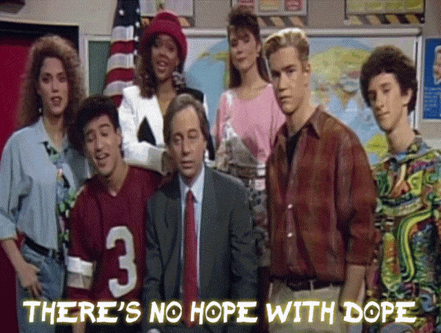 a group of people are posing for a picture with the words " there 's no hope with dope " on the bottom