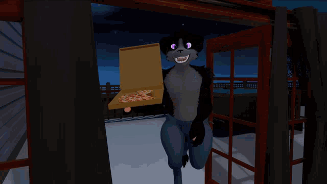 a cartoon drawing of a man holding a box that says ' chicken ' on it