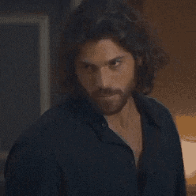 a man with long hair and a beard wearing a blue shirt is looking at the camera .